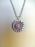 Vintage Carved Mother of Pearl Button Pendant Necklace, Glass Button, Pink Rhinestone, Layered Button Necklace, 24" Silver Chain, MPN158