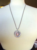 Vintage Carved Mother of Pearl Button Pendant Necklace, Glass Button, Pink Rhinestone, Layered Button Necklace, 24" Silver Chain, MPN158