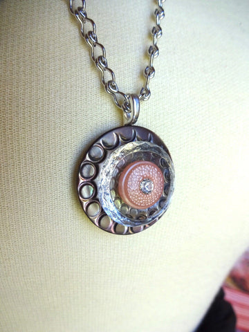 Vintage Carved Mother of Pearl Button Pendant Necklace, Glass Button, Pink Rhinestone, Layered Button Necklace, 24" Silver Chain, MPN158