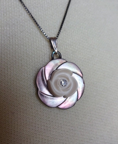 Vintage Smoky Carved MOP Button Pendant Necklace, Mother of Pearl, Rhinestone Button, Rose Casein Button, 18" Chain, MPN159