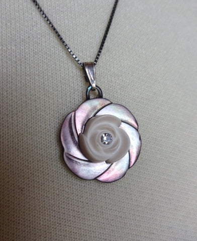 Vintage Smoky Carved MOP Button Pendant Necklace, Mother of Pearl, Rhinestone Button, Rose Casein Button, 18" Chain, MPN159