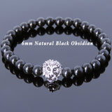 Black Obsidian Tibetan Silver Lion Head Bead Bracelet Yoga for Men Women DiyNotion Handmade T145
