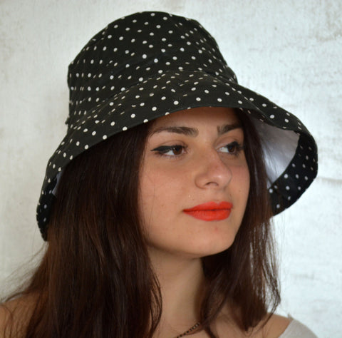 Black Dotted Women Summer Hat Wide Brim Sun Hat Lightweight Hat Summer Style Vintage Accessories Gift for Her