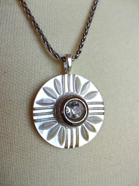 Vintage Carved White MOP Button Pendant Necklace, Mother of Pearl, Rhinestone Button, Sterling Silver Chain, Layered Button Necklace, MPN164
