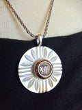 Vintage Carved White MOP Button Pendant Necklace, Mother of Pearl, Rhinestone Button, Sterling Silver Chain, Layered Button Necklace, MPN164