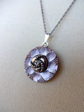 Vintage Carved MOP Button Pendant Necklace, Smoky Mother of Pearl, Rhinestone Button, Sterling Silver Chain, Layered Button Necklace, MPN166