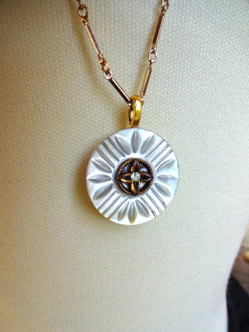 Vintage White Carved MOP Button Pendant Necklace, Mother of Pearl, Gold Rhinestone Button, Gold Plated Bar Link Chain, 31", MPN167