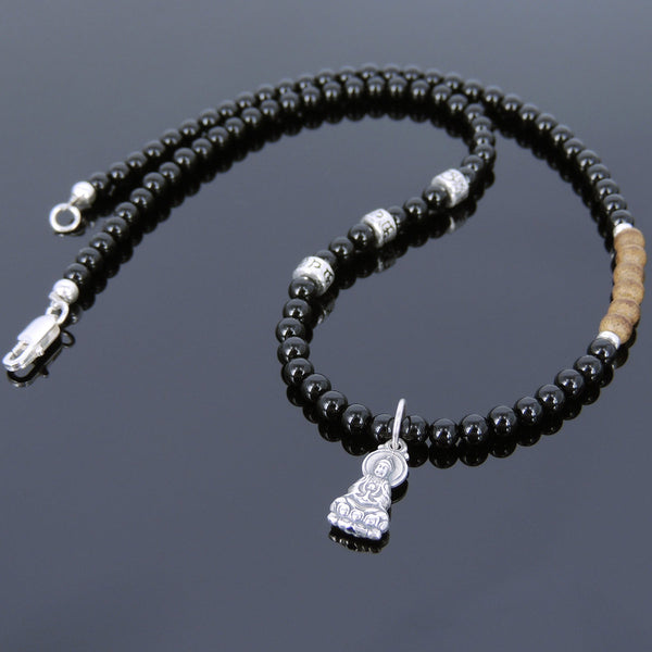 Men's Women Black Onyx Agarwood Protection Necklace Sterling Silver Guanyin Pendant OM Buddhism Spacers DiyNotion NK110