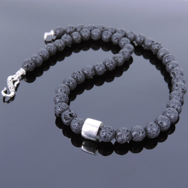 Men's Women 8mm Lava Rock Sterling Silver Bead Necklace DiyNoion Handmade NK111