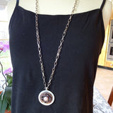 Vintage Carved MOP Button Pendant Necklace, Mother of Pearl, Brown Casein Rhinestone Button Necklace, 20" Copper Chain, MPN185
