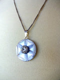 Vintage Smoky Carved MOP Button Pendant Necklace, Mother of Pearl, Rhinestone Button, Blue Casein Button, Sterling Silver Chain, MPN186