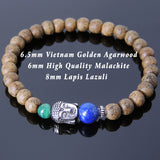 Men's Women Golden Agarwood Malachite Lapis Bracelet 925 Sterling Silver Buddha Head Bead DiyNotion Handmade BR701