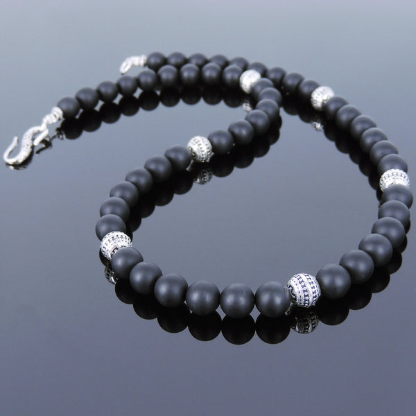 Men's Women Matte Black Onyx Sterling Silver Necklace Gemstone 925 Spacers Clasp DiyNoion Handmade NK115