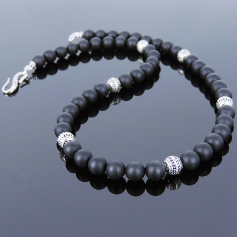Men's Women Matte Black Onyx Sterling Silver Necklace Gemstone 925 Spacers Clasp DiyNoion Handmade NK115