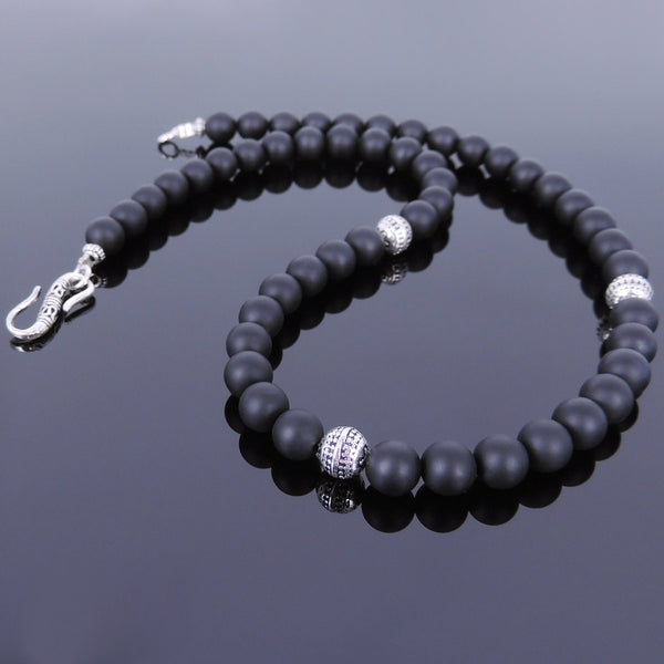 Men's Women Matte Black Onyx Sterling Silver Necklace Gemstone 925 Spacers Clasp DiyNotion Handmade NK117