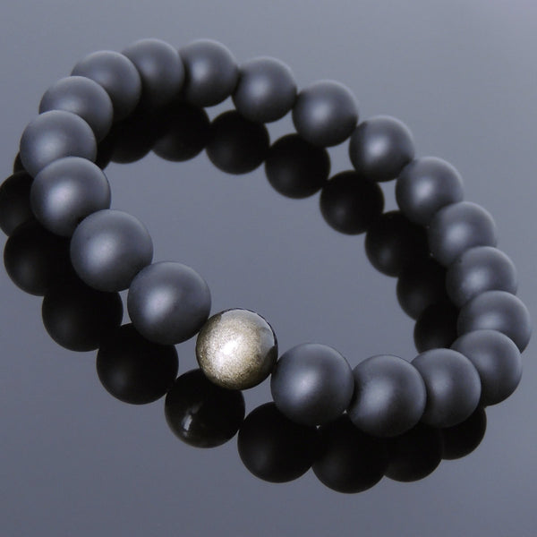 Men's Women Matte Black Onyx Golden Obsidian Bracelet Healing Gemstone DiyNotion Handmade BR713