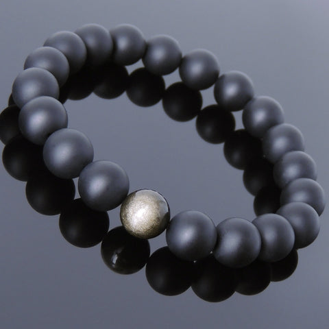 Men's Women Matte Black Onyx Golden Obsidian Bracelet Healing Gemstone DiyNotion Handmade BR713