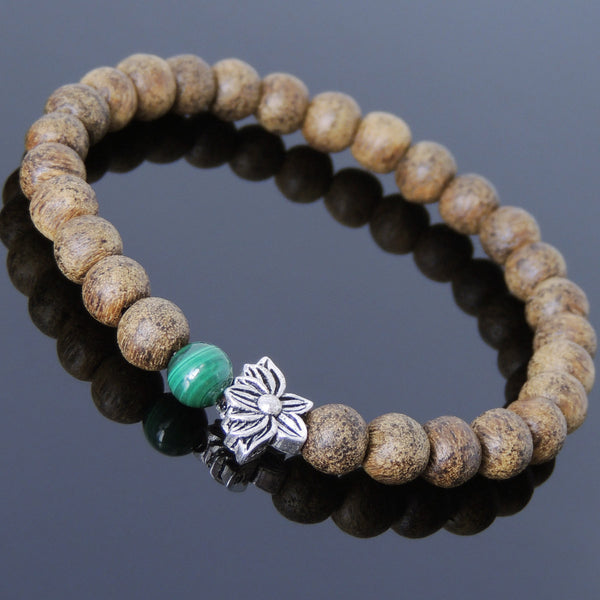 Men's Women Golden Agarwood Malachite Bracelet 925 Sterling Silver Lotus Bead DiyNotion Handmade BR715