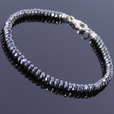 Men's Women Hematite 925 Sterling Silver Bracelet Faceted Beads Gemstone DiyNotion Handmade BR492