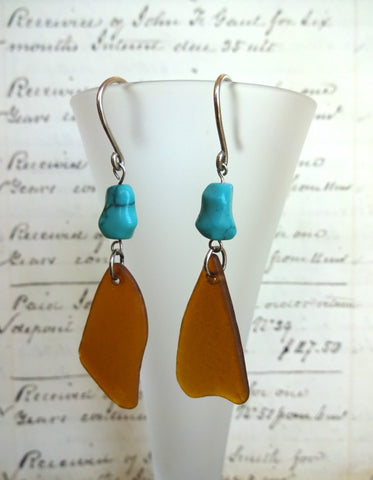 Sea Glass Earrings, Natural Turquoise Nugget Beads, Beach Earrings, Amber Sea Glass, Upcycled Sea Glass, Boho Earrings, SGE180