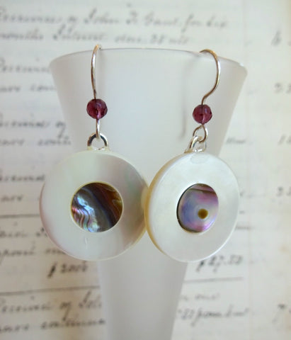 Vintage Mother of Pearl MOP Button Earrings, Crystal Bead, Sterling Silver Ear Wires, White MOP, Smoky Mother of Pearl, MPE196