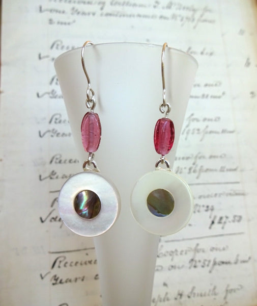 Vintage Mother of Pearl MOP Button Earrings, Glass Bead, Sterling Silver Ear Wires, White MOP, Smoky Mother of Pearl, Glass Beads, MPE197