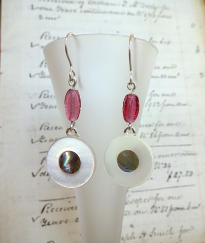 Vintage Mother of Pearl MOP Button Earrings, Glass Bead, Sterling Silver Ear Wires, White MOP, Smoky Mother of Pearl, Glass Beads, MPE197