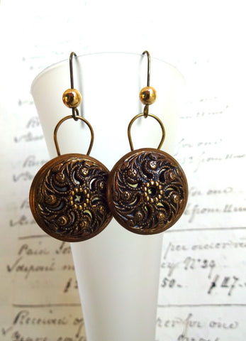 Vintage Filigree Brass Button Earrings, 14k Gold Bead, Antique Brass Wire, Ornate Earrings, Handmade Earrings, Twinkle Buttons, BBE126