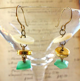 Vintage MOP Button Earrings, White Mother of Pearl Buttons, Antique Brass Ear Wires, Green Pyramid Bead, Gold Bead, Funky Earrings, MPE194