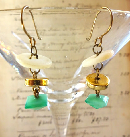 Vintage MOP Button Earrings, White Mother of Pearl Buttons, Antique Brass Ear Wires, Green Pyramid Bead, Gold Bead, Funky Earrings, MPE194