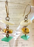 Vintage MOP Button Earrings, White Mother of Pearl Buttons, Antique Brass Ear Wires, Green Pyramid Bead, Gold Bead, Funky Earrings, MPE194