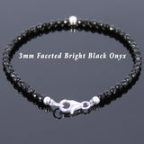 Men's Women Black Onyx 925 Sterling Silver Bracelet 3mm Faceted Beads Gemstone DiyNotion Handmade BR719