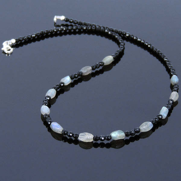 Men's Women Bright Black Onyx Labradorite Sterling Silver Necklace Gemstone Beads Clasp DiyNoion Handmade NK118