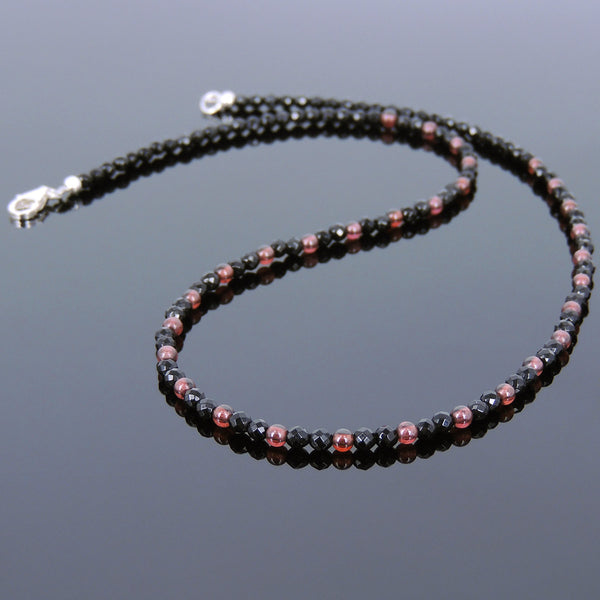 Men's Women Bright Black Onyx Garnet Sterling Silver Necklace Gemstone Beads Clasp DiyNoion Handmade NK119