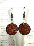 Vintage Button Earrings, Carved Wood Buttons, Flower Button Earrings, Drop Dangle Earrings, Handmade Earrings, Rustic Bead Earrings, WFE199