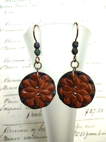 Vintage Button Earrings, Carved Wood Buttons, Flower Button Earrings, Drop Dangle Earrings, Handmade Earrings, Rustic Bead Earrings, WFE199