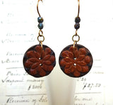 Vintage Button Earrings, Carved Wood Buttons, Flower Button Earrings, Drop Dangle Earrings, Handmade Earrings, Rustic Bead Earrings, WFE199
