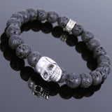 Men's Women Lava Rock Sterling Silver Skull Bracelet DiyNotion Handmade BR728