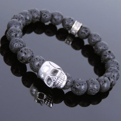 Men's Women Lava Rock Sterling Silver Skull Bracelet DiyNotion Handmade BR728