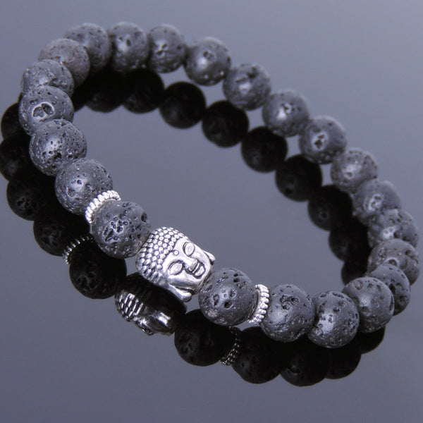 Men's Women Lava Rock Tibetan Silver Bracelet Sakyamuni Buddha Yoga Mala DiyNotion Handmade T149