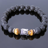 Men's Women Lava Rock Tiger Eye Tibetan Silver Bracelet Sakyamuni Buddha Yoga Mala DiyNotion Handmade T151