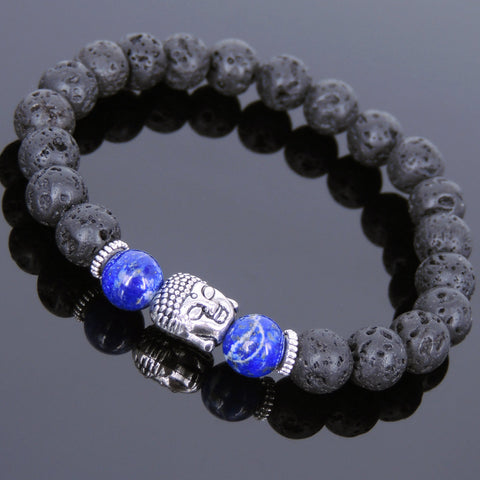Men's Women Lava Rock Lapis Tibetan Silver Bracelet Sakyamuni Buddha Yoga Mala DiyNotion Handmade T150