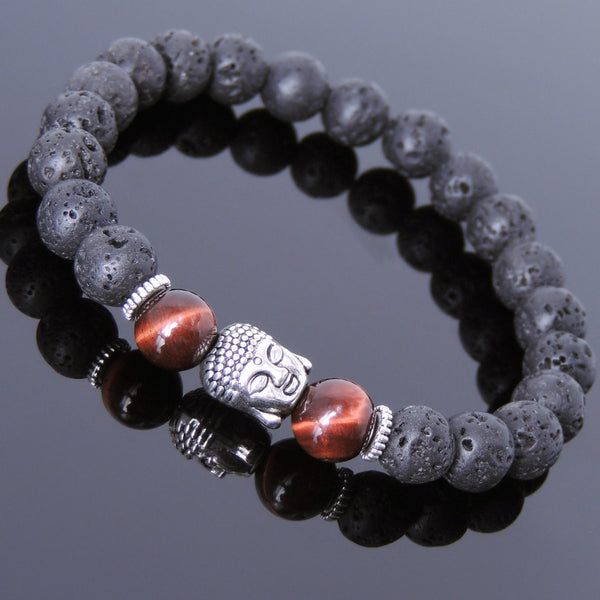 Men's Women Lava Rock Tiger Eye Tibetan Silver Bracelet Sakyamuni Buddha Yoga Mala DiyNotion Handmade T152