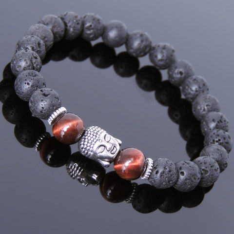 Men's Women Lava Rock Tiger Eye Tibetan Silver Bracelet Sakyamuni Buddha Yoga Mala DiyNotion Handmade T152