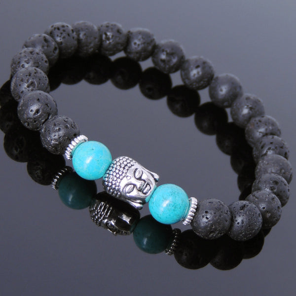 Men's Women Lava Rock Turquoise Tibetan Silver Bracelet Sakyamuni Buddha Yoga Mala DiyNotion Handmade T153
