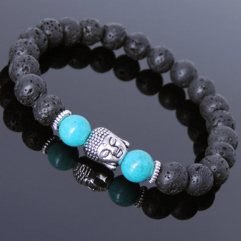 Men's Women Lava Rock Turquoise Tibetan Silver Bracelet Sakyamuni Buddha Yoga Mala DiyNotion Handmade T153