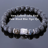 Men's Women Lava Rock Rare Mixed Blue Tiger Eye Tibetan Silver Bracelet Sakyamuni Buddha Yoga Mala DiyNotion Handmade T156