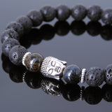 Men's Women Lava Rock Rare Mixed Blue Tiger Eye Tibetan Silver Bracelet Sakyamuni Buddha Yoga Mala DiyNotion Handmade T156