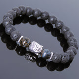 Men's Women Lava Rock Rare Mixed Blue Tiger Eye Tibetan Silver Bracelet Sakyamuni Buddha Yoga Mala DiyNotion Handmade T156