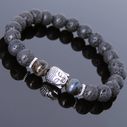 Men's Women Lava Rock Rare Mixed Blue Tiger Eye Tibetan Silver Bracelet Sakyamuni Buddha Yoga Mala DiyNotion Handmade T156